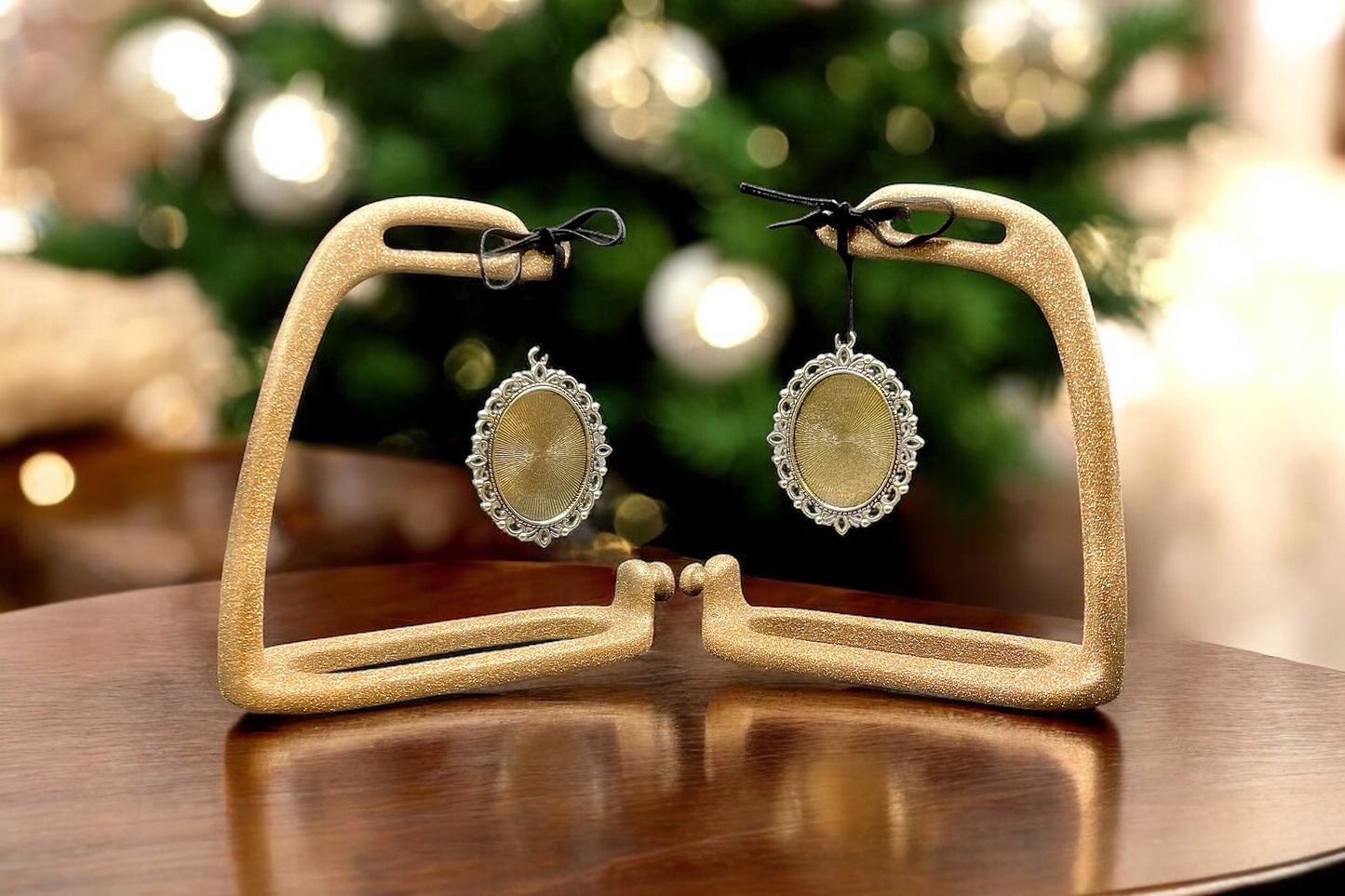 Repurposed Peacock Stirrup Photo Holder - Sparkling Rose Gold