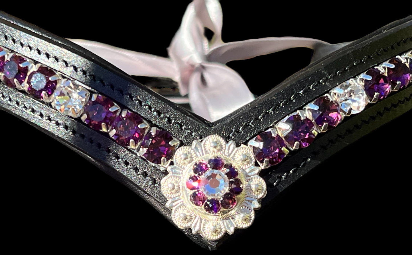 Amethyst Rhinestone Concho browband with Quick Snap Ends - 17”