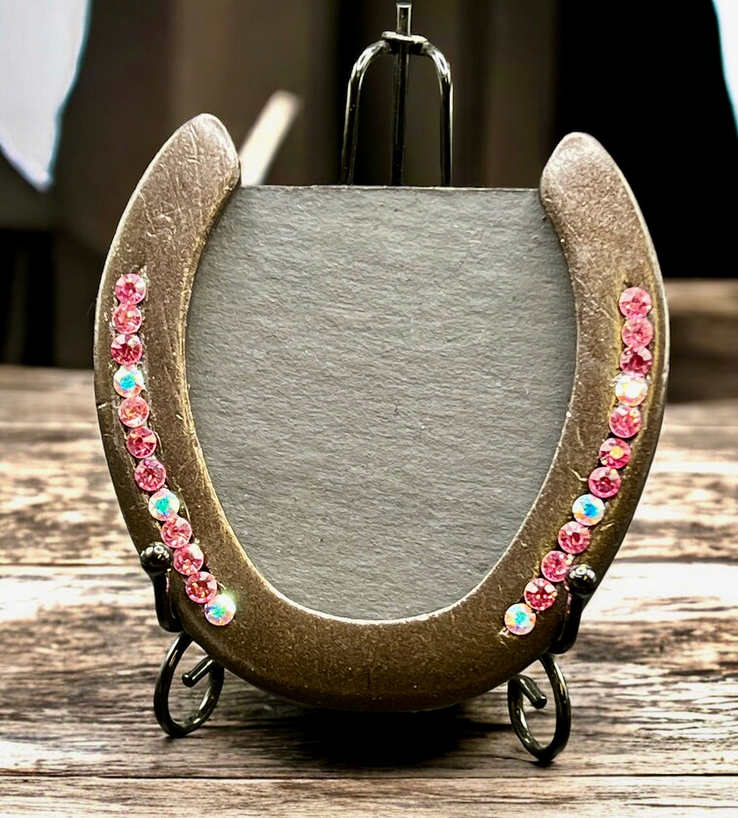 Horseshoe Photo Frame - Small Oil Rubbed Bronze with Pink Rhinestones